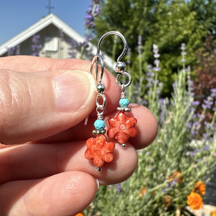 Small Red Spiny Oyster Shell Flower, Turquoise, and Sterling Silver Earrings - SunlightSilver