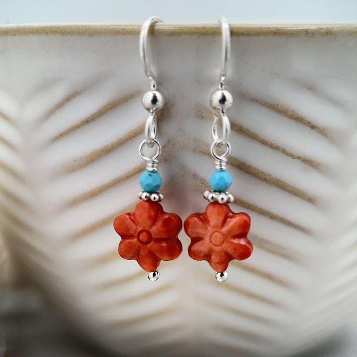 Small Red Spiny Oyster Shell Flower, Turquoise, and Sterling Silver Earrings - SunlightSilver