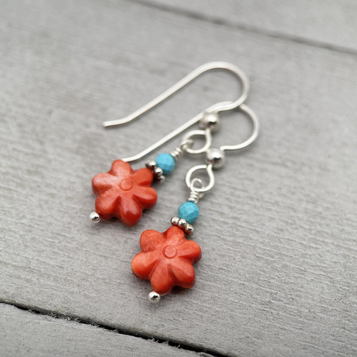 Small Red Spiny Oyster Shell Flower, Turquoise, and Sterling Silver Earrings - SunlightSilver