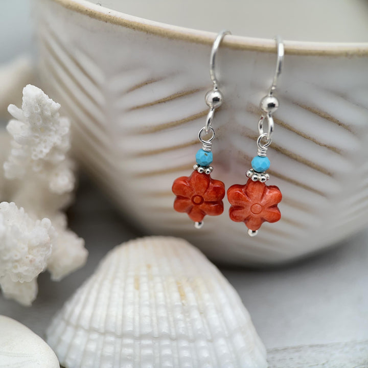 Small Red Spiny Oyster Shell Flower, Turquoise, and Sterling Silver Earrings - SunlightSilver