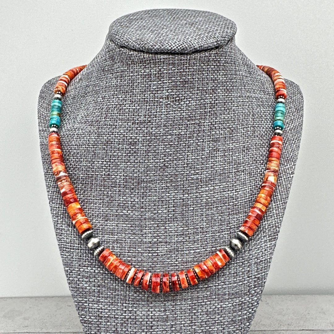 Red Spiny Oyster, Kingman Turquoise, and Navajo Pearl Necklace. Solid 925 Sterling Silver - SunlightSilver