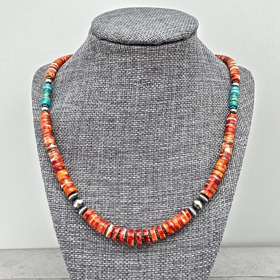 Red Spiny Oyster, Kingman Turquoise, and Navajo Pearl Necklace - SunlightSilver