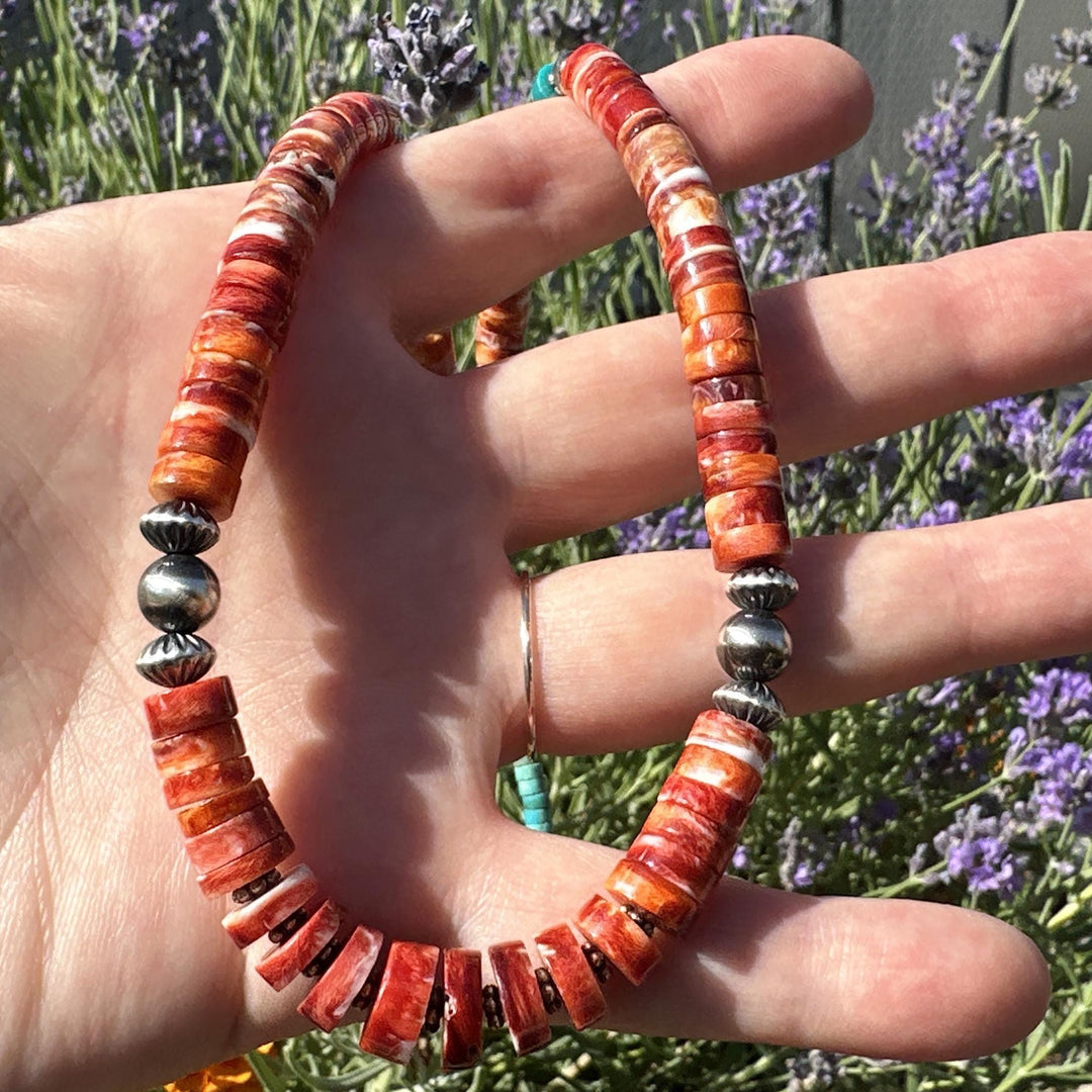 Red Spiny Oyster, Kingman Turquoise, and Navajo Pearl Necklace. Solid 925 Sterling Silver - SunlightSilver