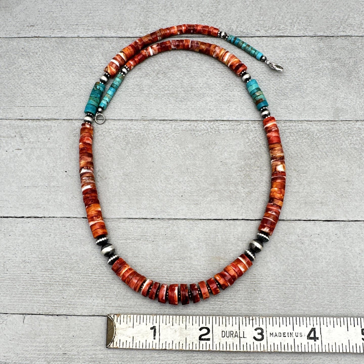 Red Spiny Oyster, Kingman Turquoise, and Navajo Pearl Necklace. Solid 925 Sterling Silver - SunlightSilver