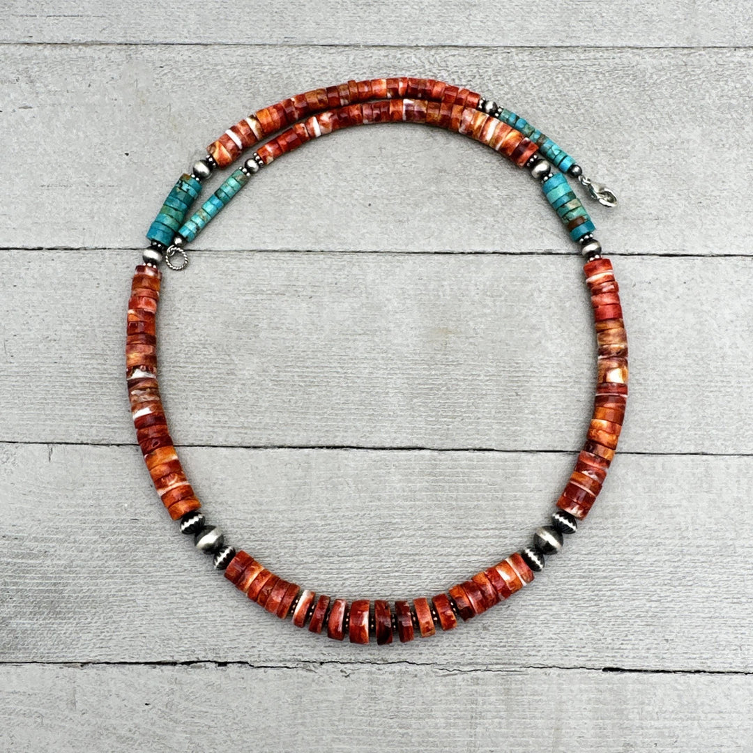 Red Spiny Oyster, Kingman Turquoise, and Navajo Pearl Necklace. Solid 925 Sterling Silver - SunlightSilver