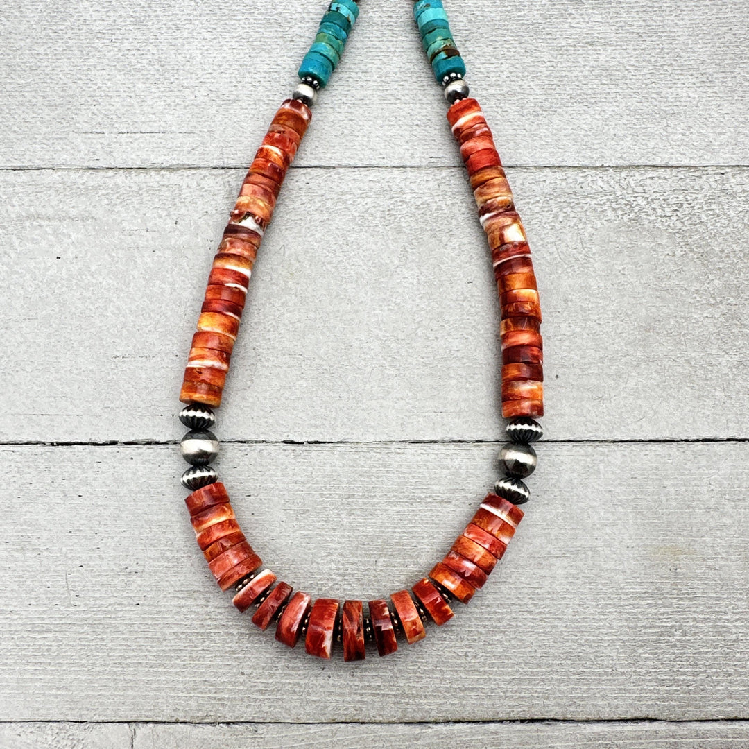 Red Spiny Oyster, Kingman Turquoise, and Navajo Pearl Necklace. Solid 925 Sterling Silver - SunlightSilver