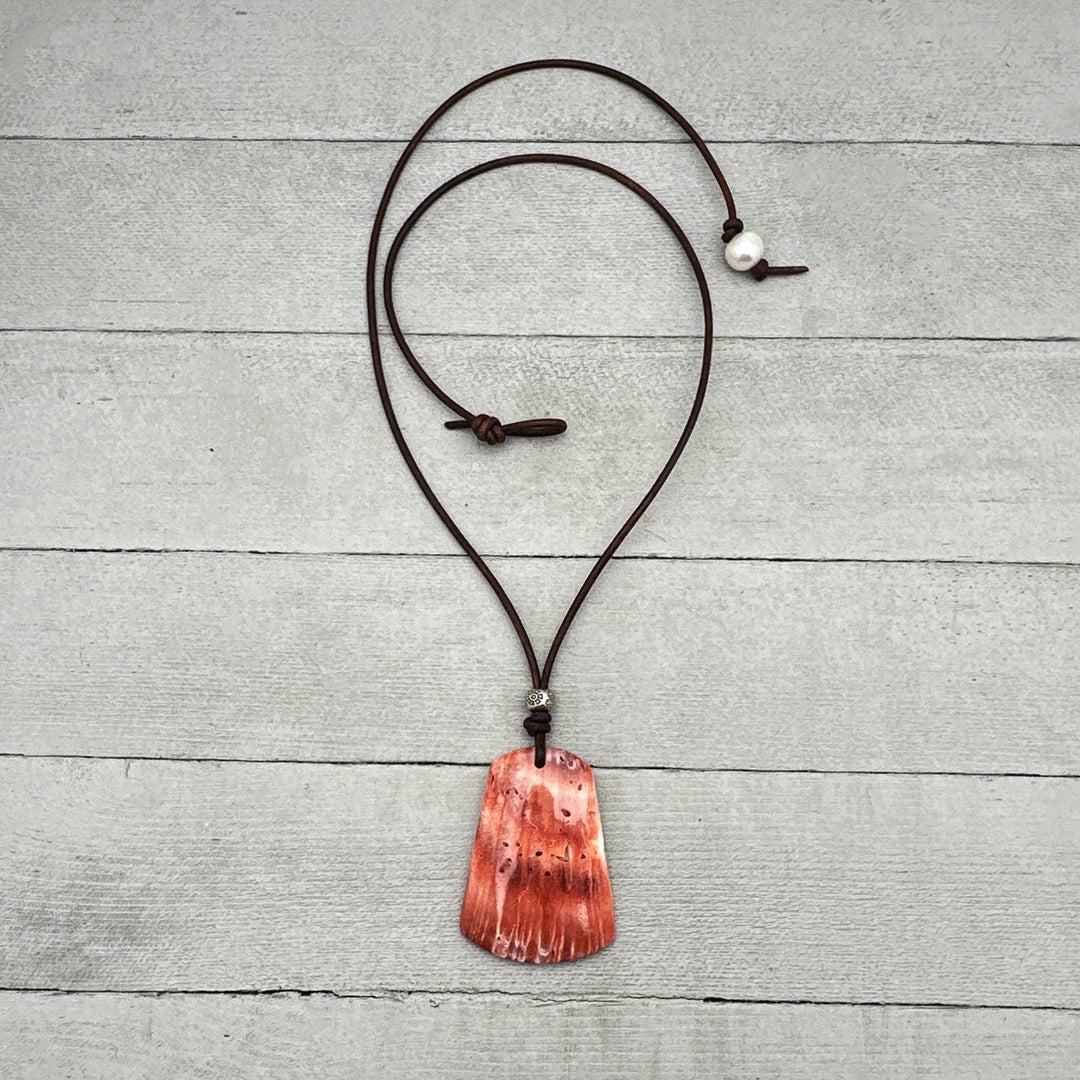 Beautiful Red Spiny Oyster Shell, Thai Hill Tribe Silver and Rustic Brown Leather Necklace - SunlightSilver