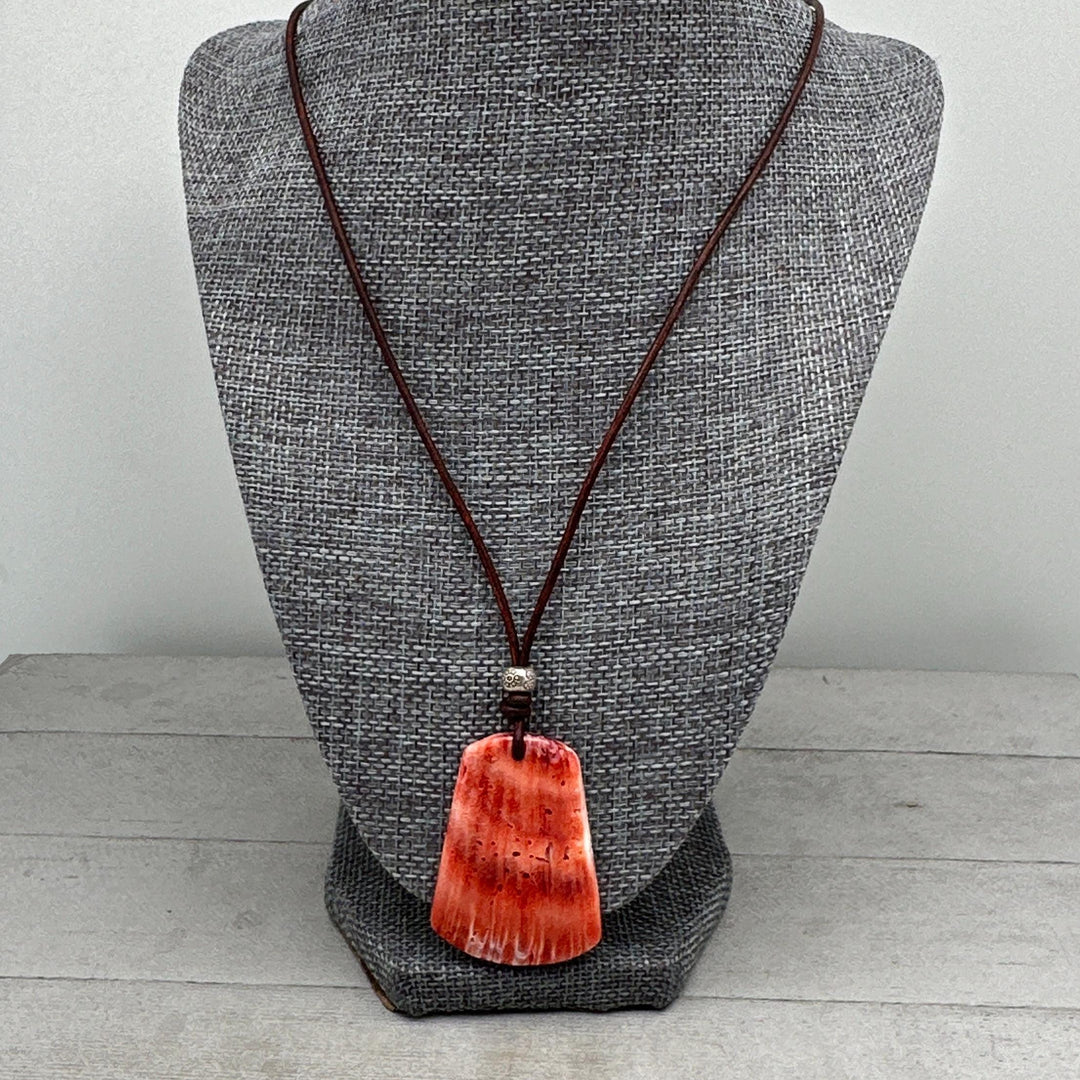 Beautiful Red Spiny Oyster Shell, Thai Hill Tribe Silver and Rustic Brown Leather Necklace - SunlightSilver