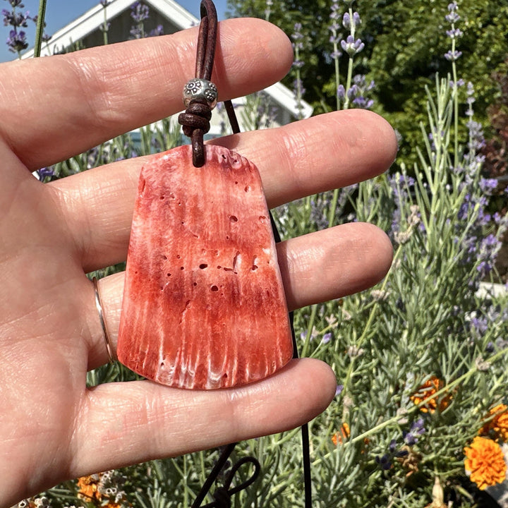 Beautiful Red Spiny Oyster Shell, Thai Hill Tribe Silver and Rustic Brown Leather Necklace - SunlightSilver