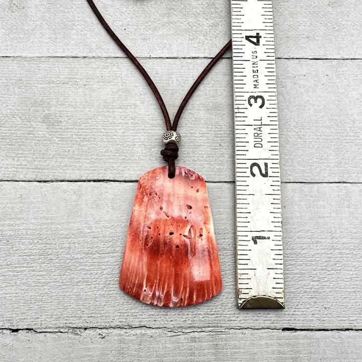 Beautiful Red Spiny Oyster Shell, Thai Hill Tribe Silver and Rustic Brown Leather Necklace - SunlightSilver