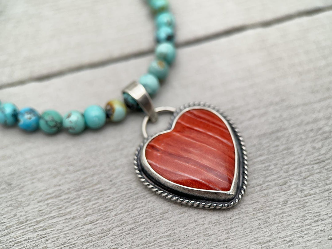 Red Spiny Oyster Heart and Sterling Silver Pendant - SunlightSilver