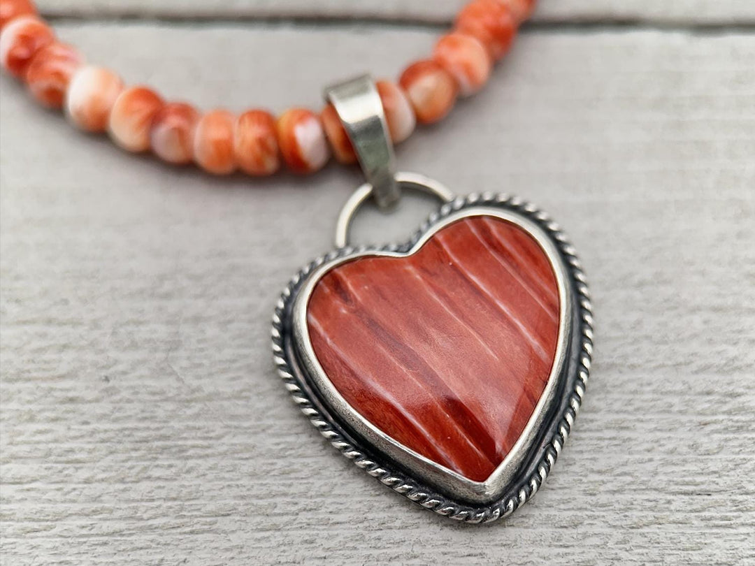 Red Spiny Oyster Heart and Sterling Silver Pendant - SunlightSilver