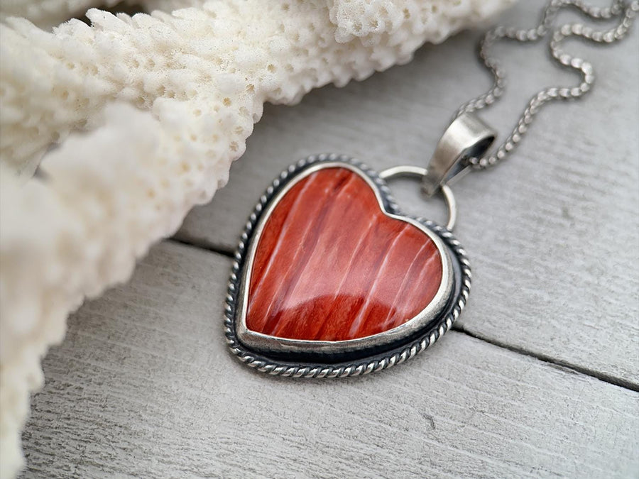 Red Spiny Oyster Heart and Sterling Silver Pendant - SunlightSilver