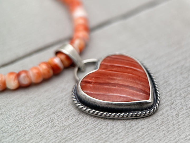 Red Spiny Oyster Heart and Sterling Silver Pendant - SunlightSilver