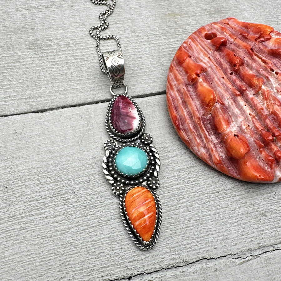 Orange and Purple Spiny Oyster, Kingman Turquoise, and Sterling Silver Totem Pendant - SunlightSilver