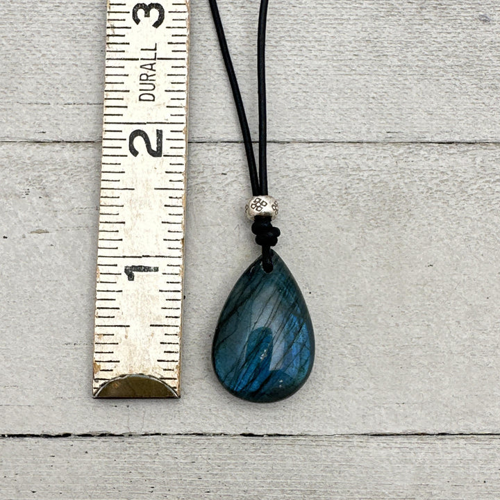 Labradorite Crystal, Thai Hill Tribe Silver and Black Leather Necklace - SunlightSilver