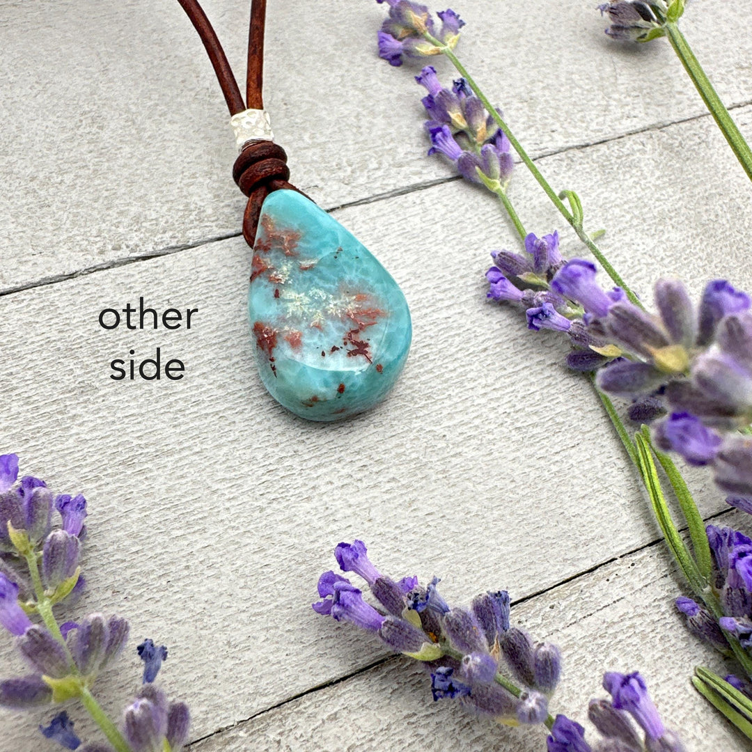 Larimar and Rustic Brown Leather Pendant Necklace. Rare Blue and Red (Copper) Larimar - SunlightSilver