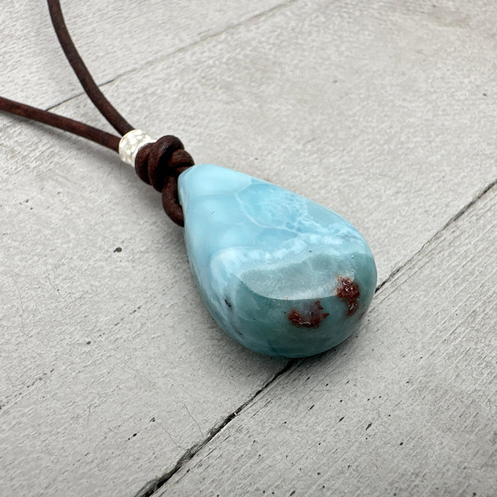 Larimar and Rustic Brown Leather Pendant Necklace. Rare Blue and Red (Copper) Larimar - SunlightSilver