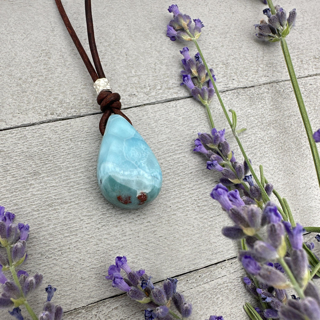 Larimar and Rustic Brown Leather Pendant Necklace. Rare Blue and Red (Copper) Larimar - SunlightSilver