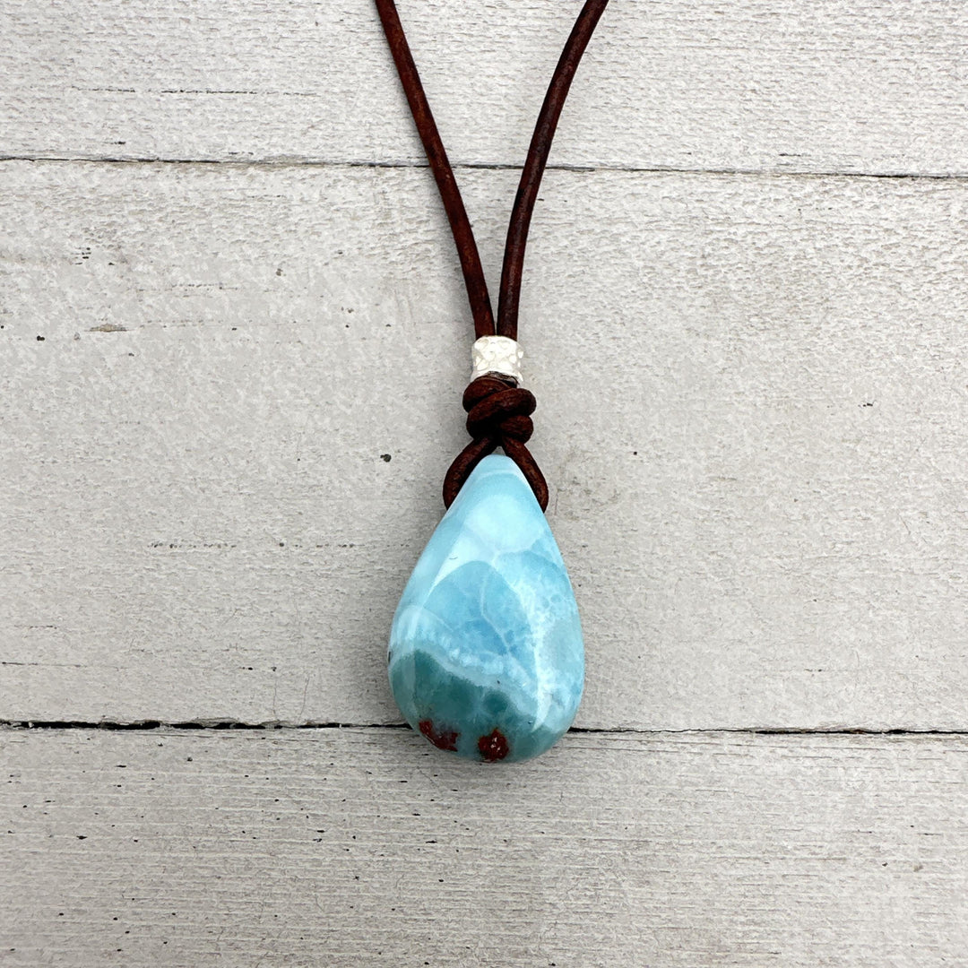 Larimar and Rustic Brown Leather Pendant Necklace. Rare Blue and Red (Copper) Larimar - SunlightSilver