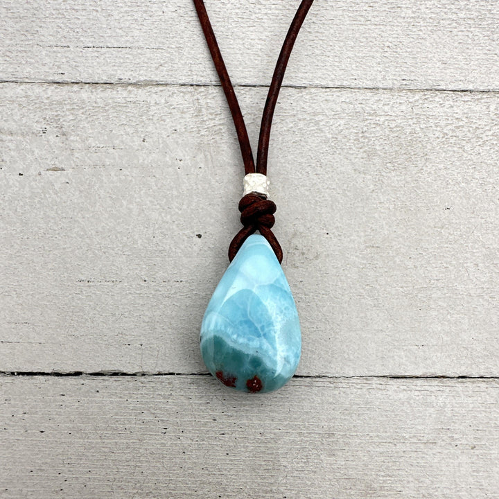 Larimar and Rustic Brown Leather Pendant Necklace. Rare Blue and Red (Copper) Larimar - SunlightSilver