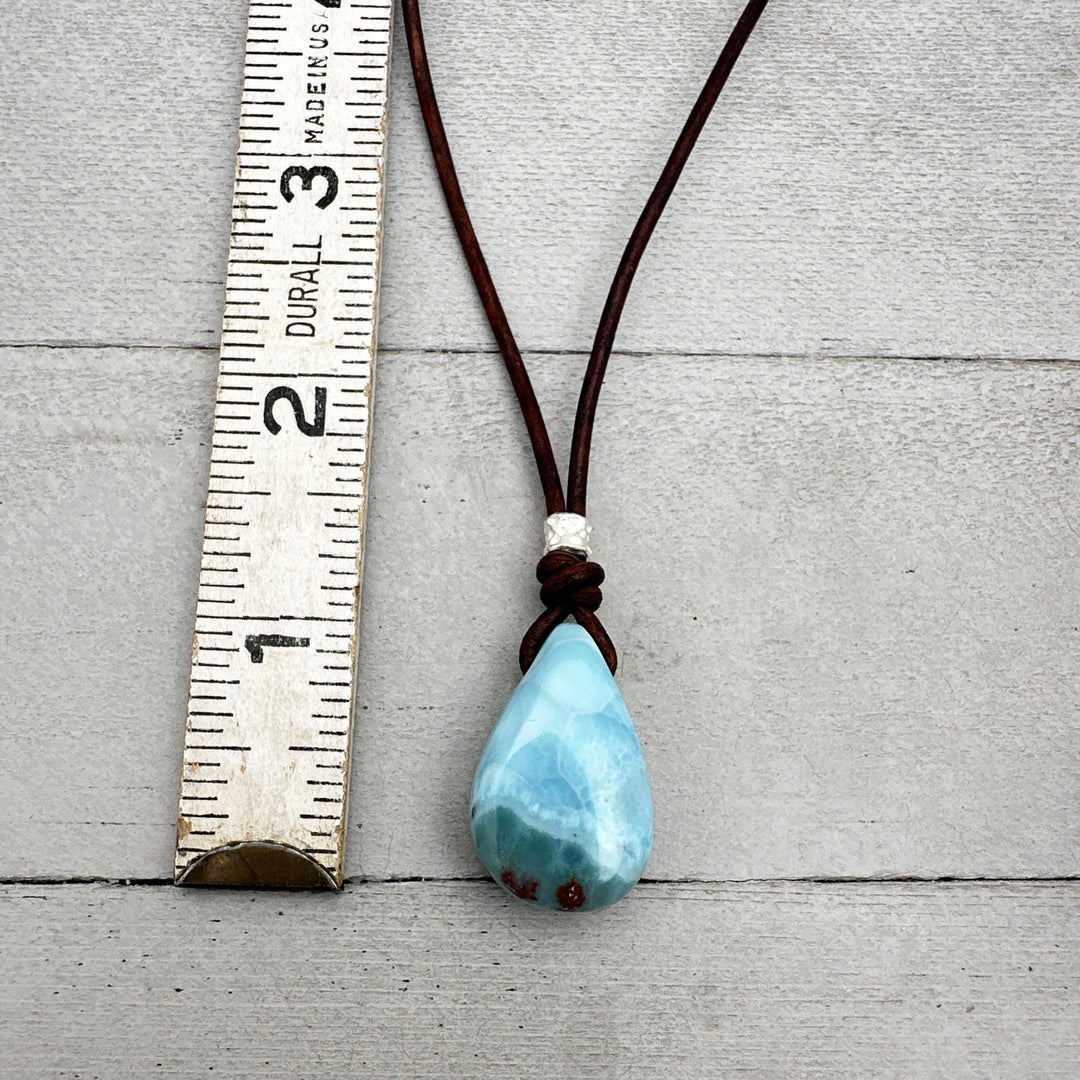 Larimar and Rustic Brown Leather Pendant Necklace. Rare Blue and Red (Copper) Larimar - SunlightSilver