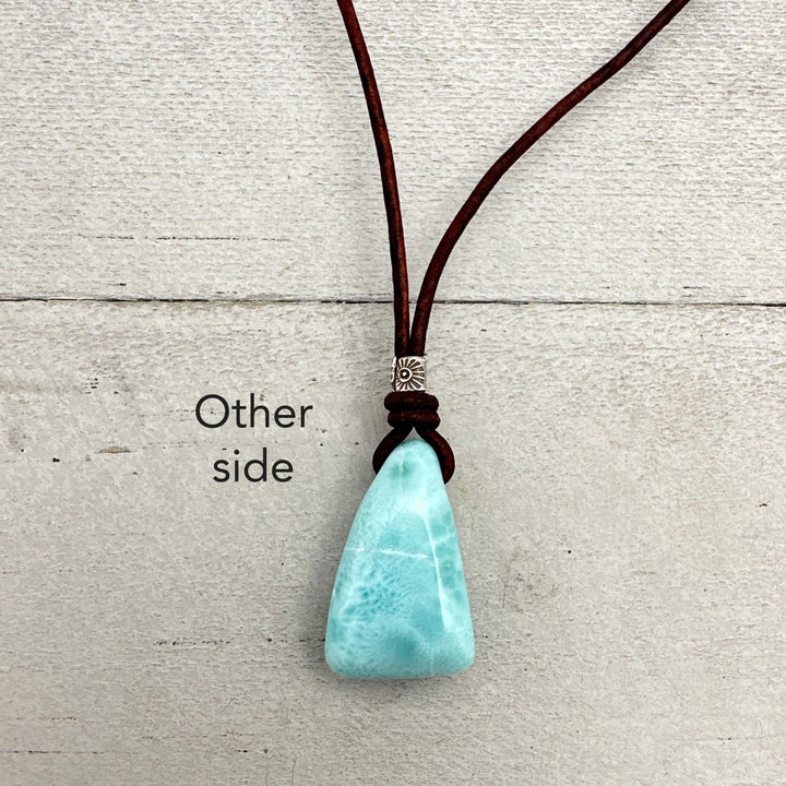 Larimar Crystal, Thai Hill Tribe Silver and Rustic Brown Leather Necklace - SunlightSilver