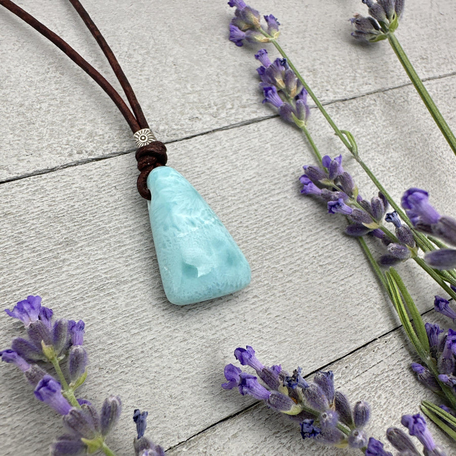 Larimar Crystal, Thai Hill Tribe Silver and Rustic Brown Leather Necklace - SunlightSilver