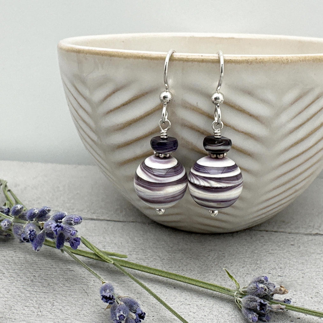 Purple and White Wampum Quahog Shell and Sterling Silver Earrings - SunlightSilver