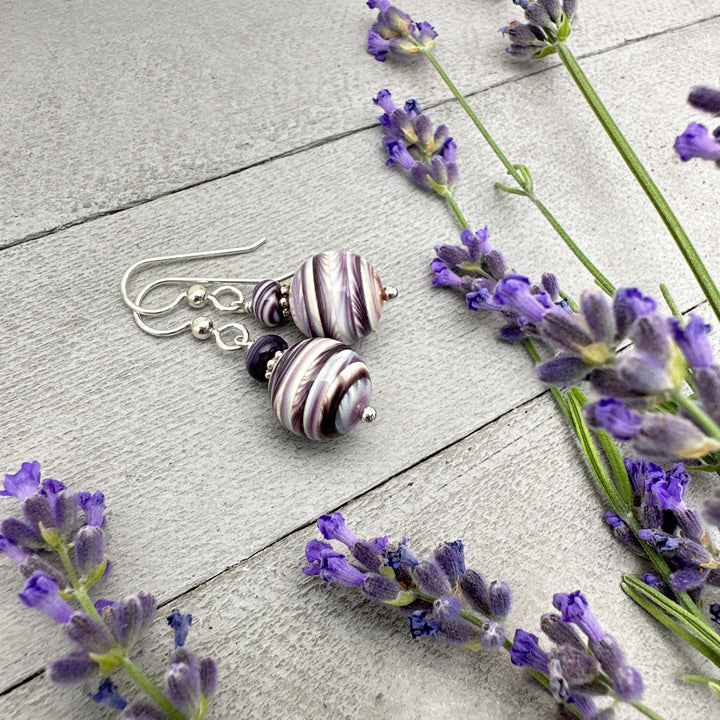 Purple and White Wampum Quahog Shell and Sterling Silver Earrings - SunlightSilver