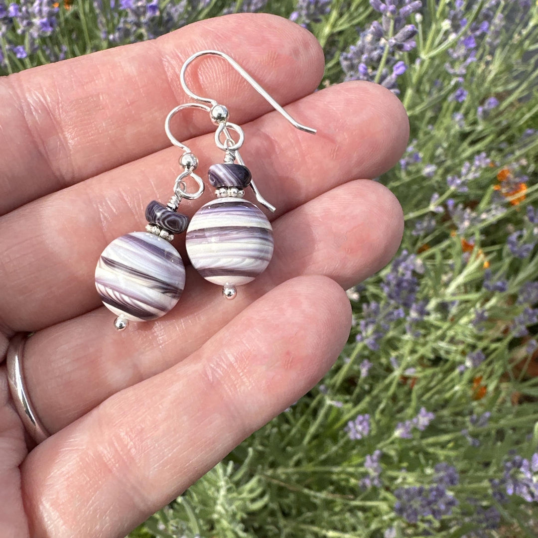 Purple and White Wampum Quahog Shell and Sterling Silver Earrings - SunlightSilver