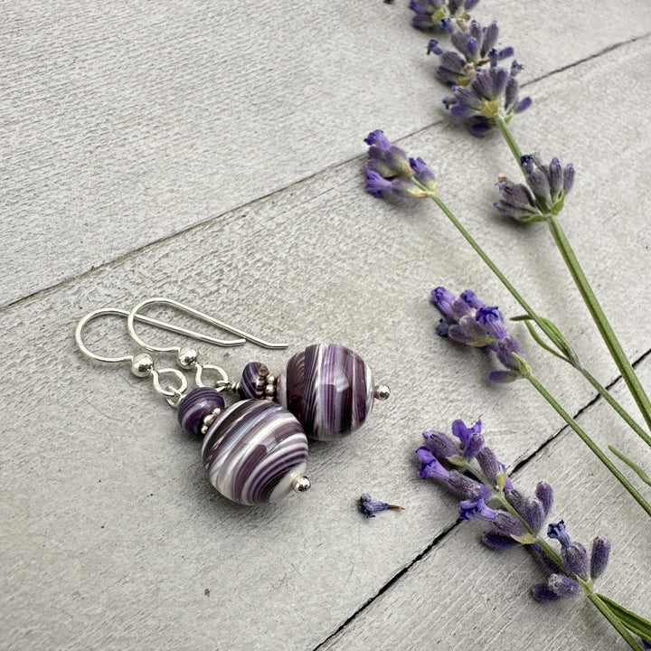 Purple and White Wampum Quahog Shell and Sterling Silver Earrings - SunlightSilver