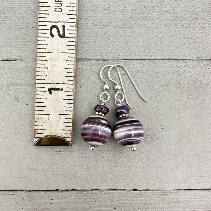 Purple and White Wampum Quahog Shell and Sterling Silver Earrings - SunlightSilver