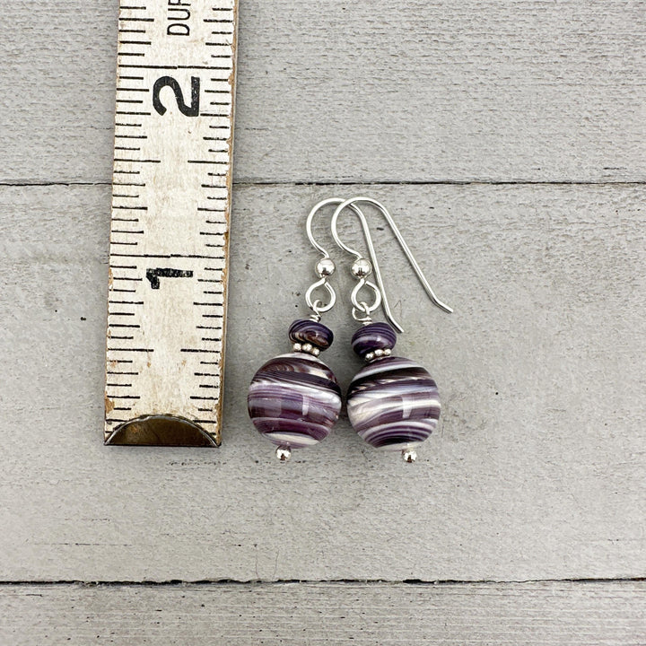 Purple and White Wampum Quahog Shell and Sterling Silver Earrings - SunlightSilver