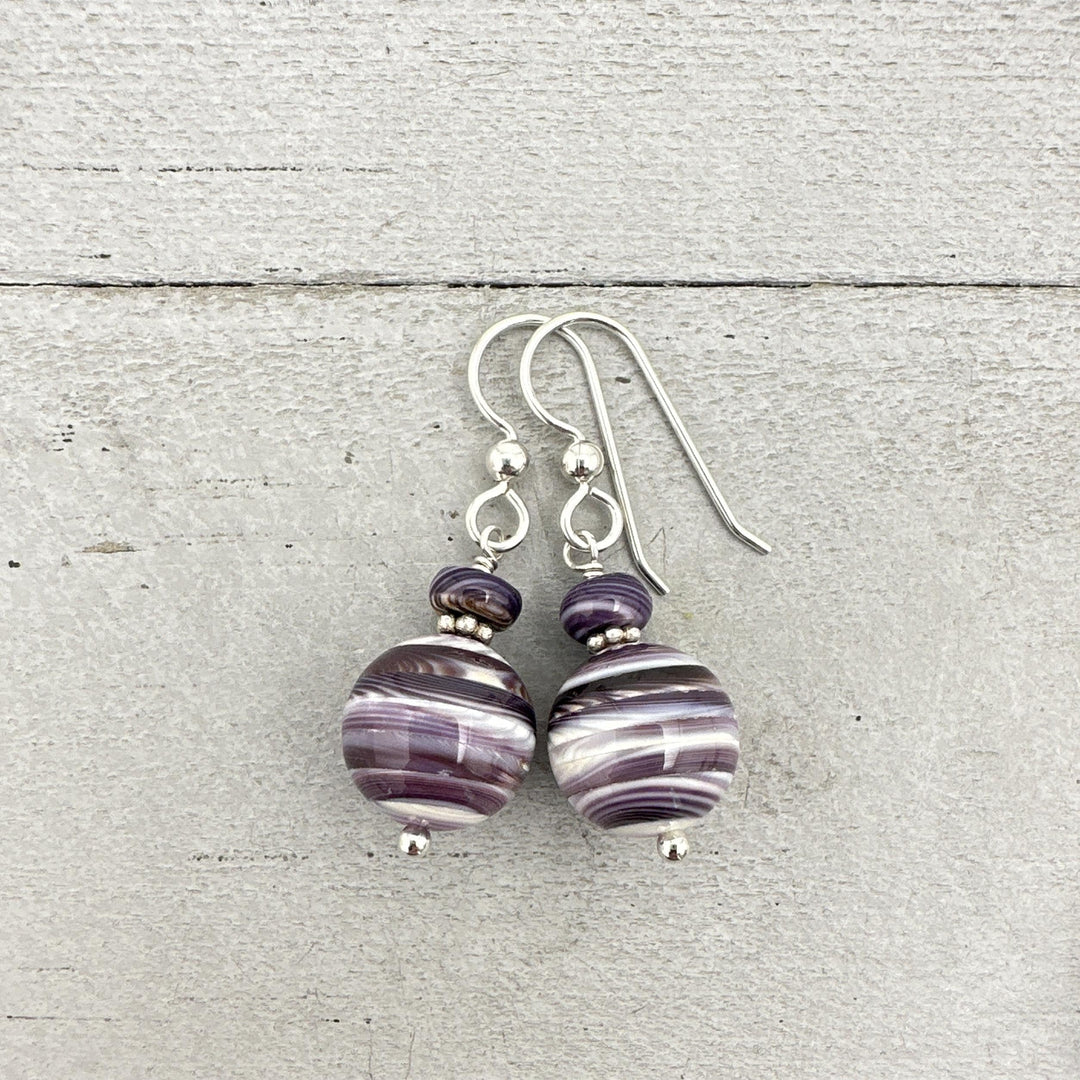 Purple and White Wampum Quahog Shell and Sterling Silver Earrings - SunlightSilver