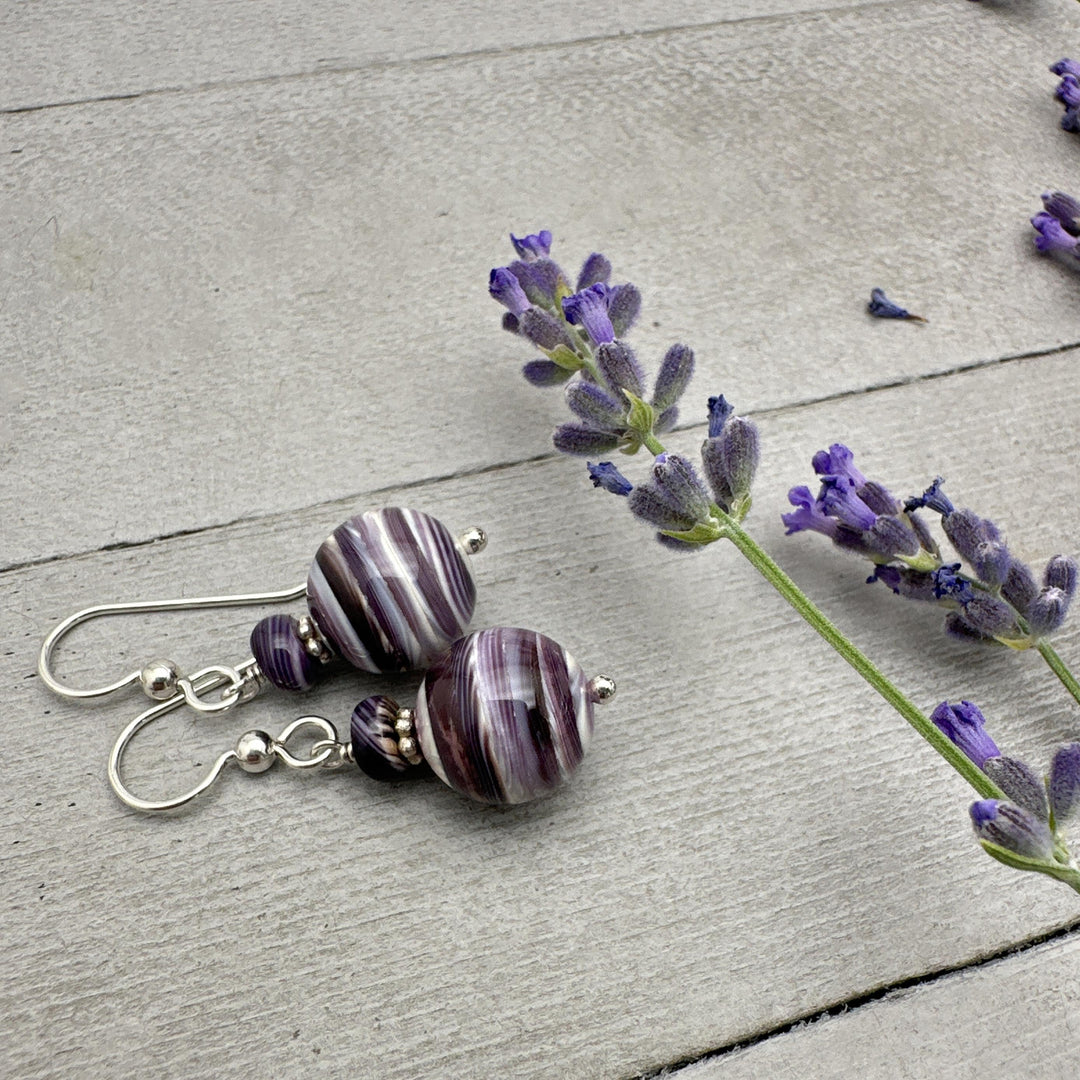 Purple and White Wampum Quahog Shell and Sterling Silver Earrings - SunlightSilver