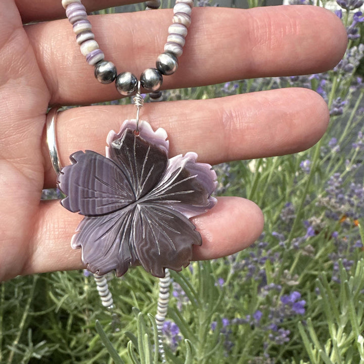 Purple Wampum Quahog Shell Flower, Beads, and Navajo Pearls Necklace - SunlightSilver