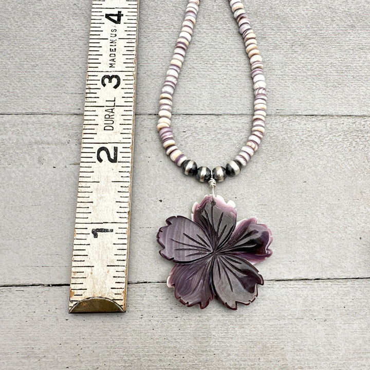 Purple Wampum Quahog Shell Flower, Beads, and Navajo Pearls Necklace - SunlightSilver