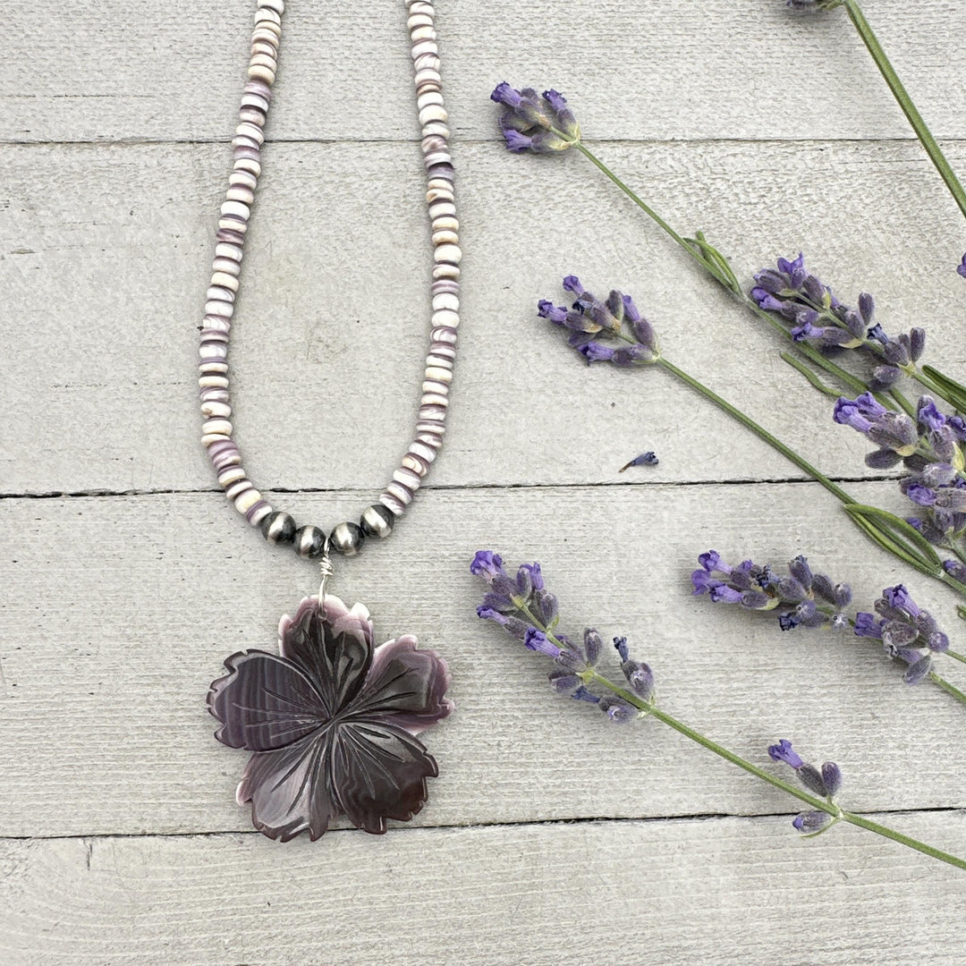 Purple Wampum Quahog Shell Flower, Beads, and Navajo Pearls Necklace - SunlightSilver