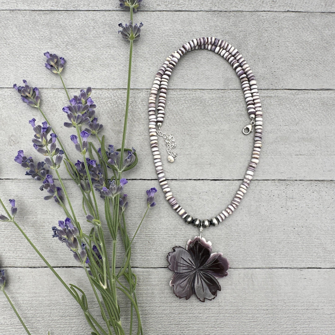 Purple Wampum Quahog Shell Flower, Beads, and Navajo Pearls Necklace - SunlightSilver