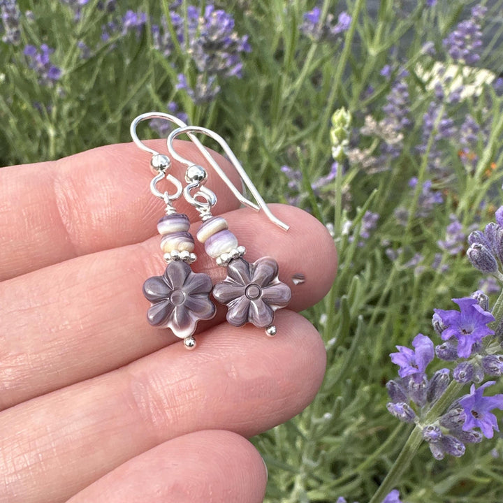 Purple and White Wampum Quahog Shell Flower and Sterling Silver Earrings - SunlightSilver