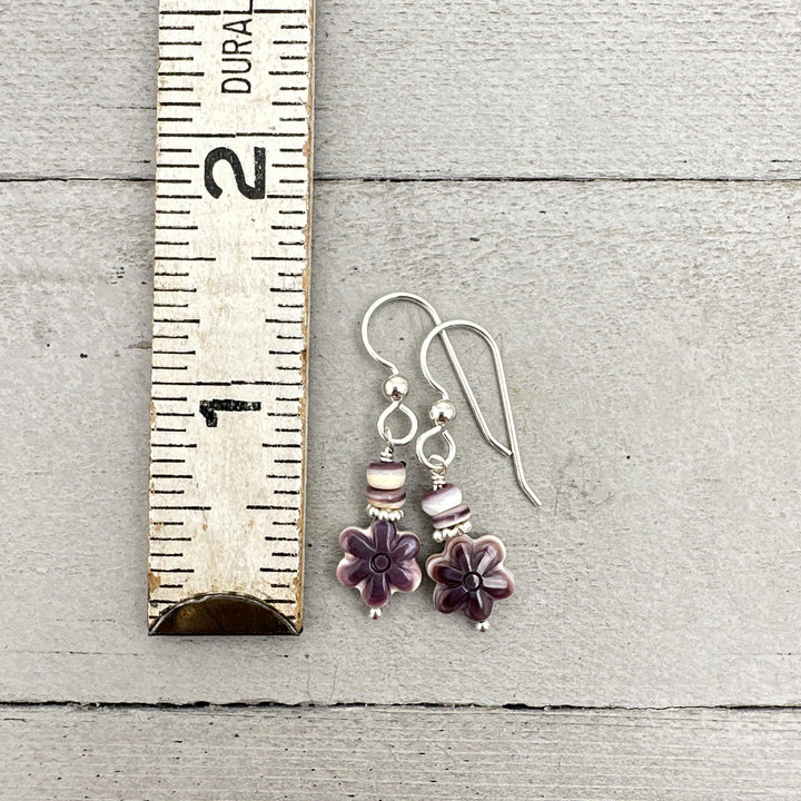 Purple and White Wampum Quahog Shell Flower and Sterling Silver Earrings - SunlightSilver