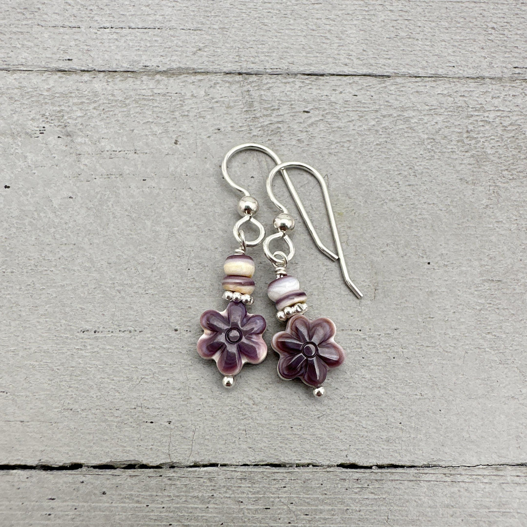 Purple and White Wampum Quahog Shell Flower and Sterling Silver Earrings - SunlightSilver