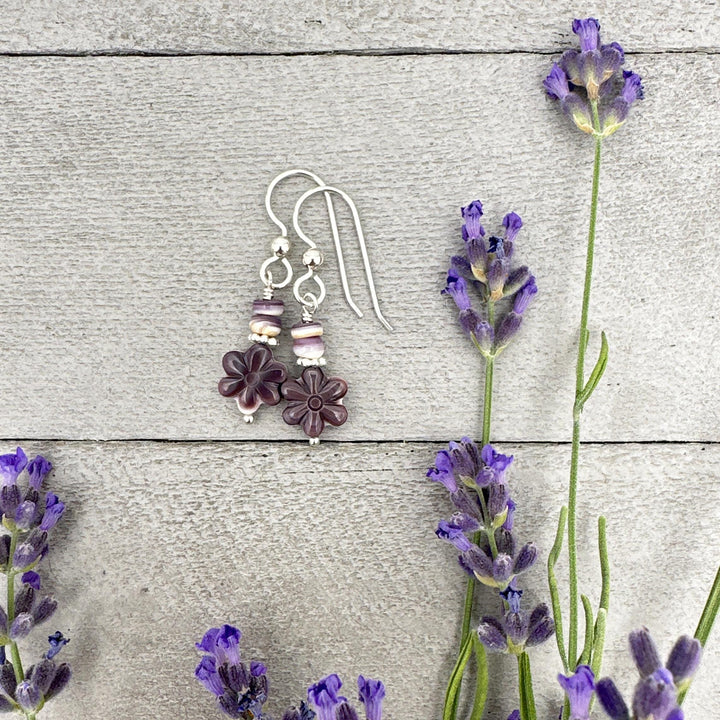 Purple and White Wampum Quahog Shell Flower and Sterling Silver Earrings - SunlightSilver