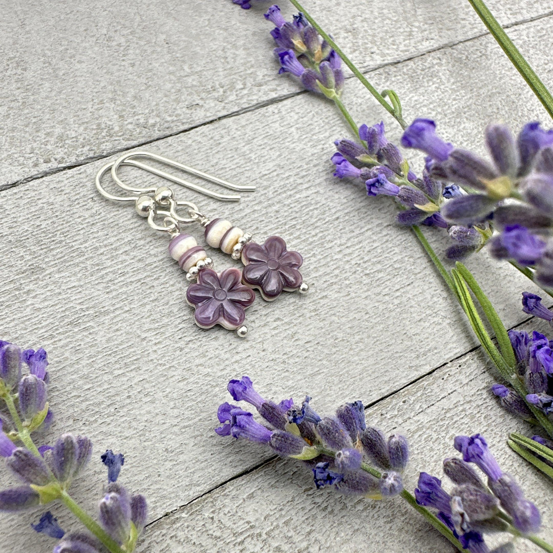 Purple and White Wampum Quahog Shell Flower and Sterling Silver Earrings - SunlightSilver