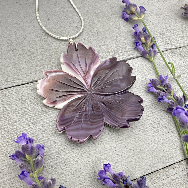 Purple Wampum Quahog Shell Flower Pendant and Sterling Silver Necklace - SunlightSilver