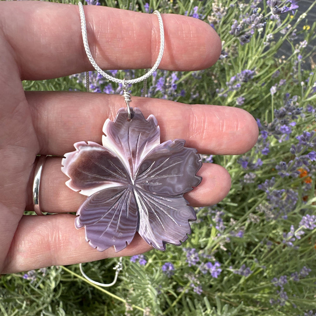 Purple Wampum Quahog Shell Flower Pendant and Sterling Silver Necklace - SunlightSilver