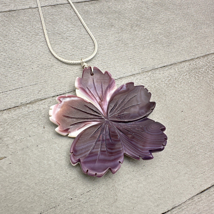 Purple Wampum Quahog Shell Flower Pendant and Sterling Silver Necklace - SunlightSilver