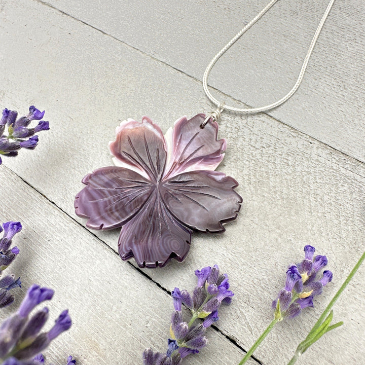 Purple Wampum Quahog Shell Flower Pendant and Sterling Silver Necklace - SunlightSilver