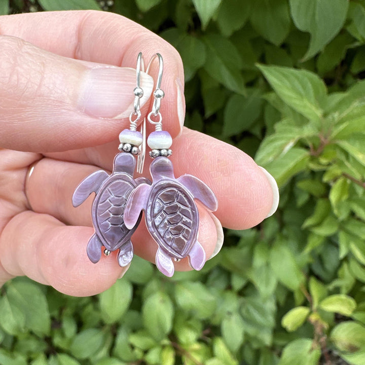 Purple and White Wampum Quahog Shell Sea Turtle and Sterling Silver Earrings - SunlightSilver